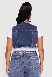 Womens Plus Size Acid Wash Cropped Distressed Denim Vest, Blue, Size 1X
