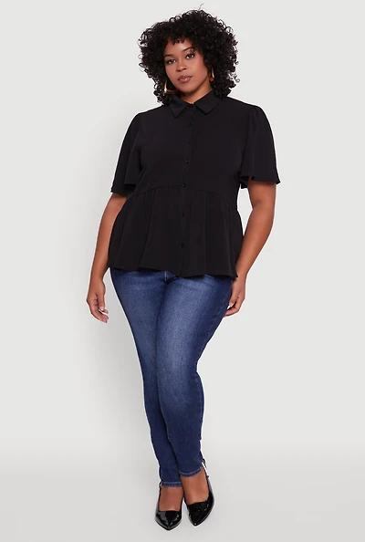 Womens Plus Size Airy Crepe Knit Peplum Shirt with Flutter Sleeves, Black, Size 2X