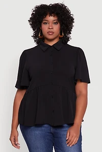 Womens Plus Size Airy Crepe Knit Peplum Shirt with Flutter Sleeves, Black, Size 1X