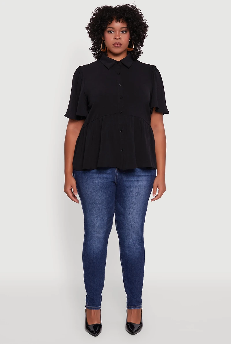 Womens Plus Airy Crepe Knit Peplum Shirt with Flutter Sleeves, 3X
