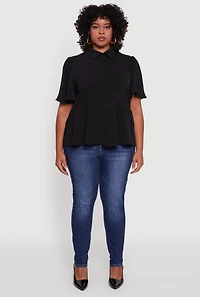 Womens Plus Airy Crepe Knit Peplum Shirt with Flutter Sleeves,