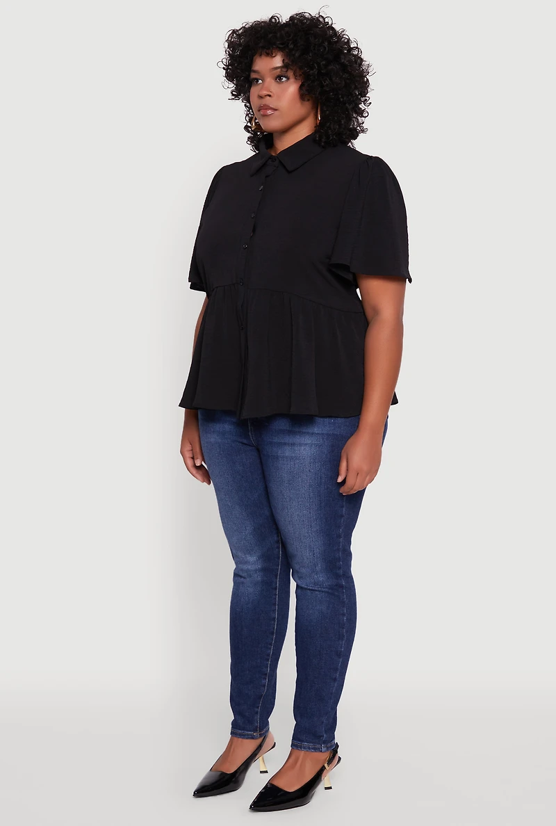 Womens Plus Airy Crepe Knit Peplum Shirt with Flutter Sleeves, 3X