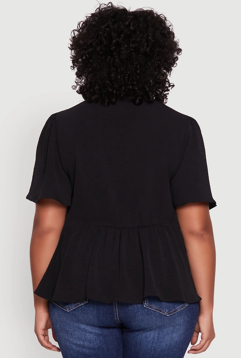 Womens Plus Airy Crepe Knit Peplum Shirt with Flutter Sleeves, 3X
