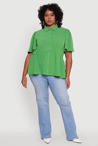 Womens Plus Airy Crepe Knit Peplum Shirt with Flutter Sleeves, 2X