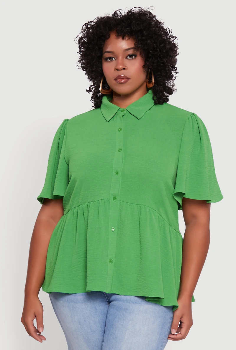 Womens Plus Airy Crepe Knit Peplum Shirt with Flutter Sleeves, 2X