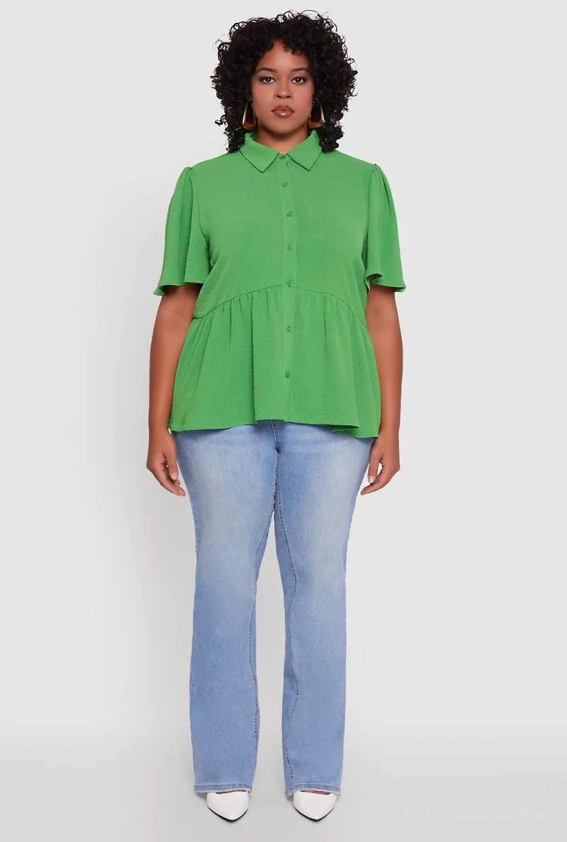 Womens Plus Airy Crepe Knit Peplum Shirt with Flutter Sleeves, 2X