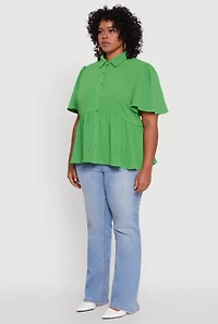 Womens Plus Airy Crepe Knit Peplum Shirt with Flutter Sleeves, 2X