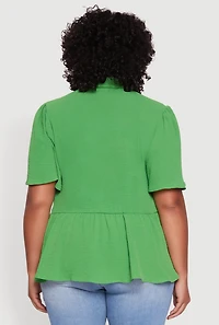Womens Plus Airy Crepe Knit Peplum Shirt with Flutter Sleeves, 2X