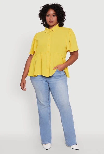 Womens Plus Size Airy Crepe Knit Peplum Shirt with Flutter Sleeves, Yellow, Size 2X