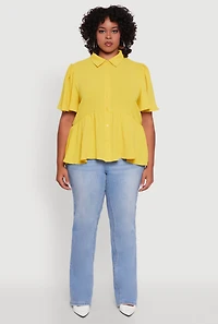 Womens Plus Size Airy Crepe Knit Peplum Shirt with Flutter Sleeves, Yellow, Size 2X