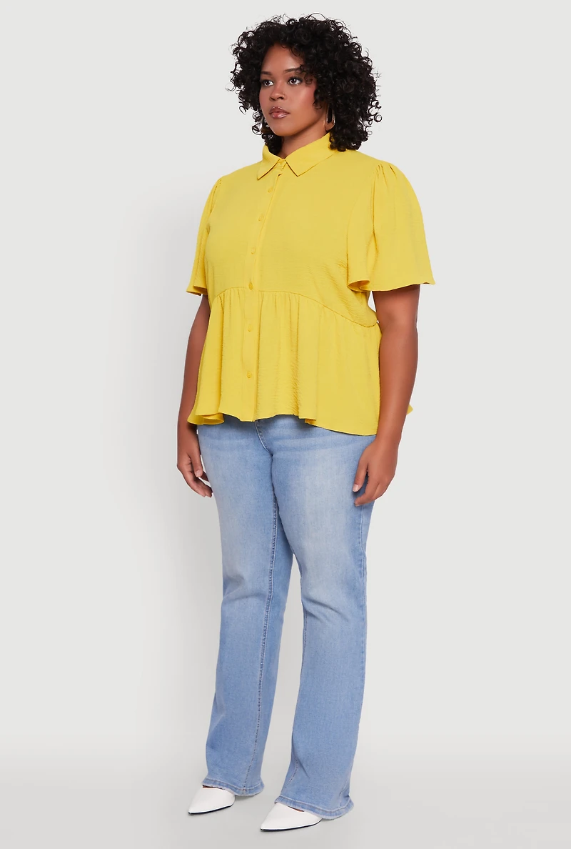 Womens Plus Size Airy Crepe Knit Peplum Shirt with Flutter Sleeves, Yellow, Size 2X