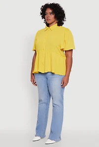Womens Plus Size Airy Crepe Knit Peplum Shirt with Flutter Sleeves, Yellow, Size 2X