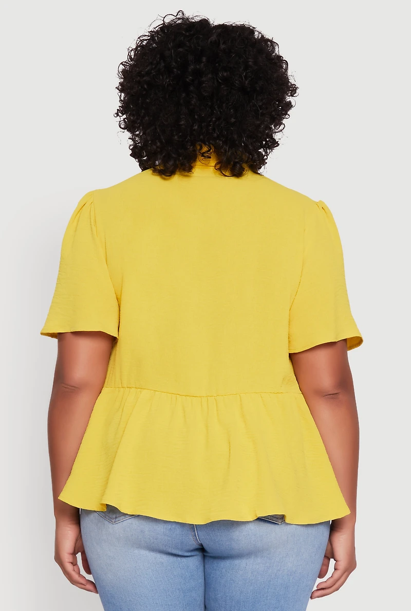 Womens Plus Size Airy Crepe Knit Peplum Shirt with Flutter Sleeves, Yellow, Size 2X