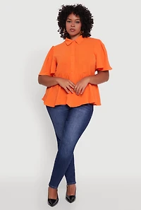 Plus Airy Crepe Knit Peplum Shirt with Flutter Sleeves