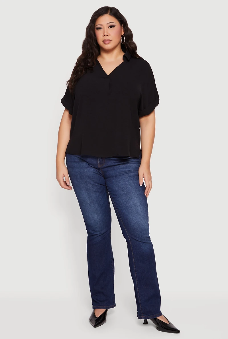 Plus Crepe Knit Collared Faux Button Back Blouse