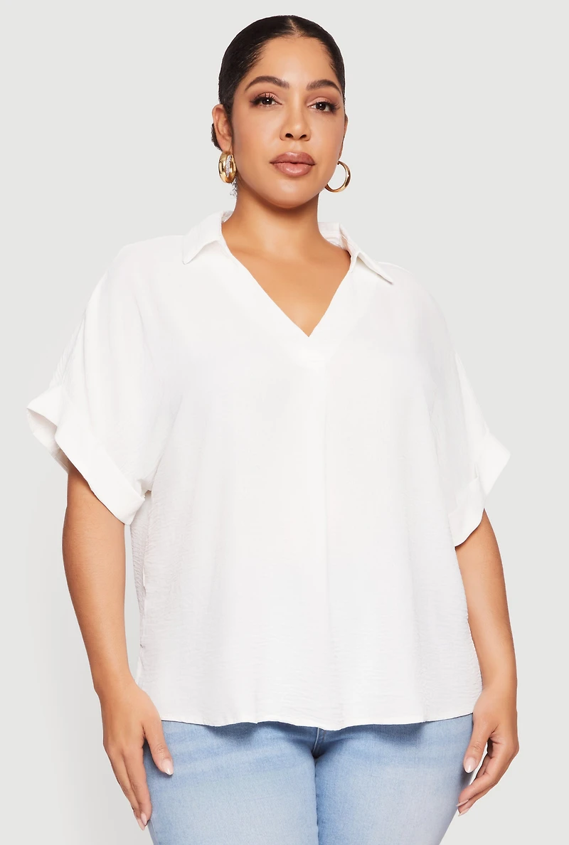 Plus Crepe Knit Collared Faux Button Back Blouse