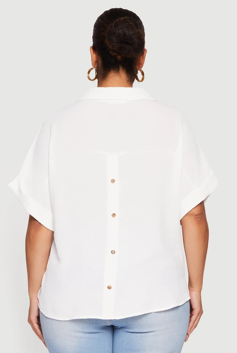 Plus Crepe Knit Collared Faux Button Back Blouse