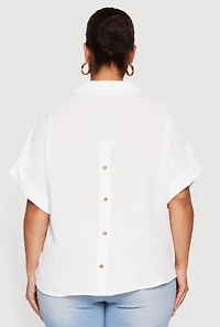Plus Crepe Knit Collared Faux Button Back Blouse