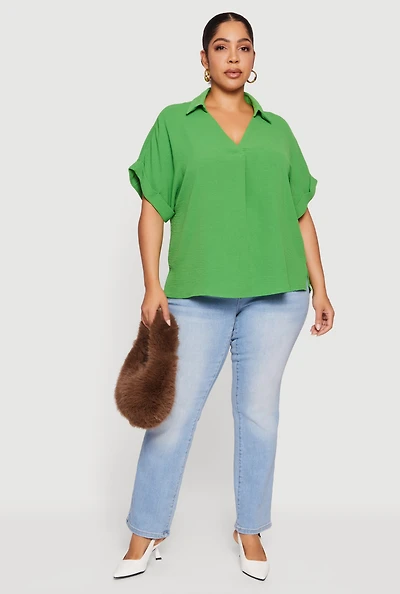 Womens Plus Crepe Knit Collared Faux Button Back Blouse, Green,