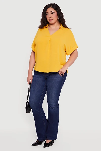 Plus Crepe Knit Collared Faux Button Back Blouse