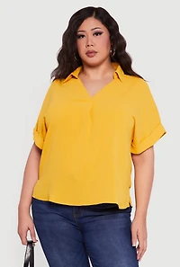 Plus Crepe Knit Collared Faux Button Back Blouse