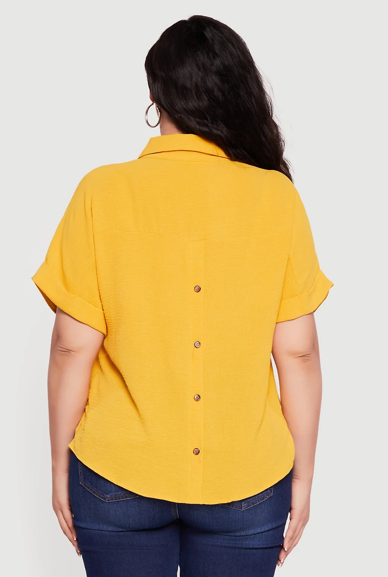 Plus Crepe Knit Collared Faux Button Back Blouse