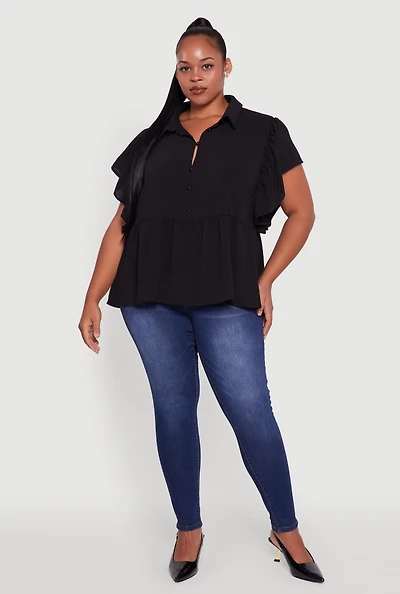 Womens Plus Crepe Knit Button Front Peplum Blouse,