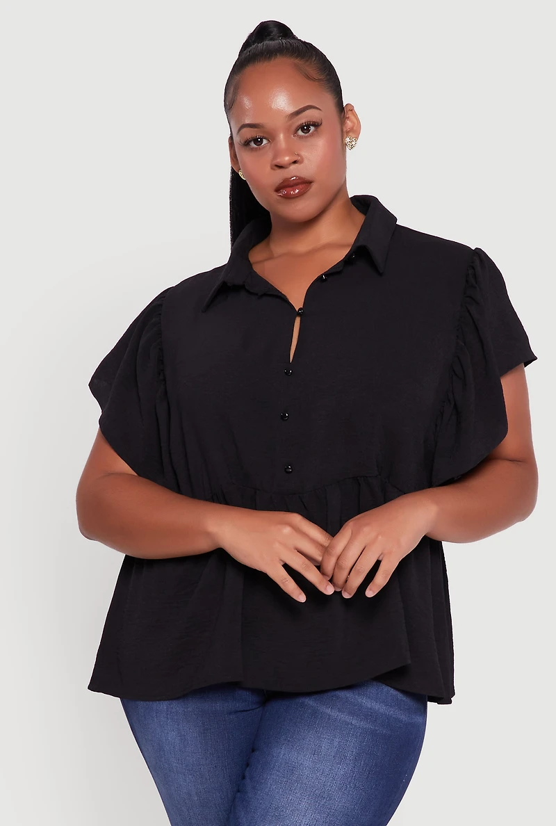 Womens Plus Crepe Knit Button Front Peplum Blouse,