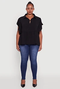 Womens Plus Crepe Knit Button Front Peplum Blouse,