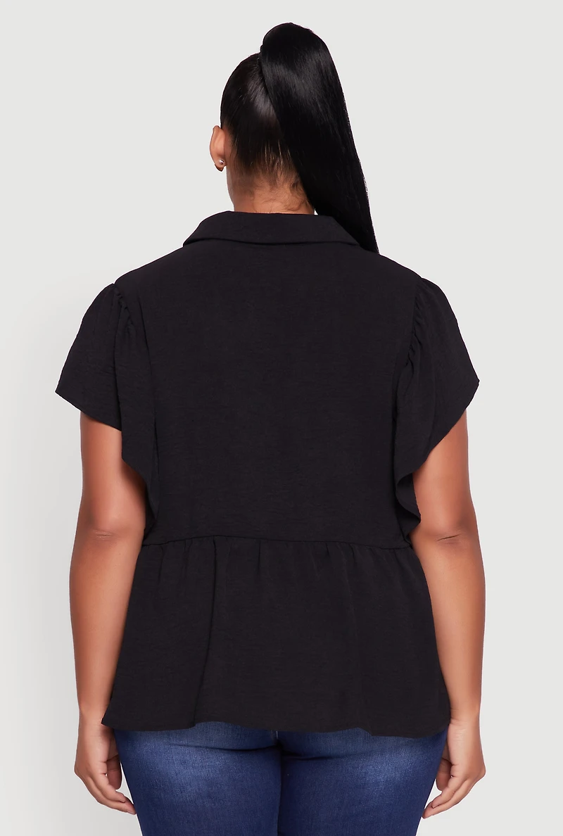 Womens Plus Crepe Knit Button Front Peplum Blouse,