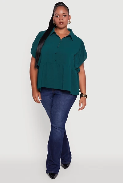 Womens Plus Size Crepe Knit Button Front Peplum Blouse, Green, Size 1X