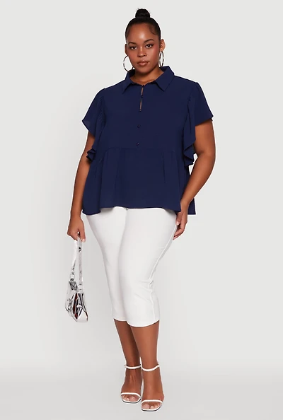 Womens Plus Crepe Knit Button Front Peplum Blouse,
