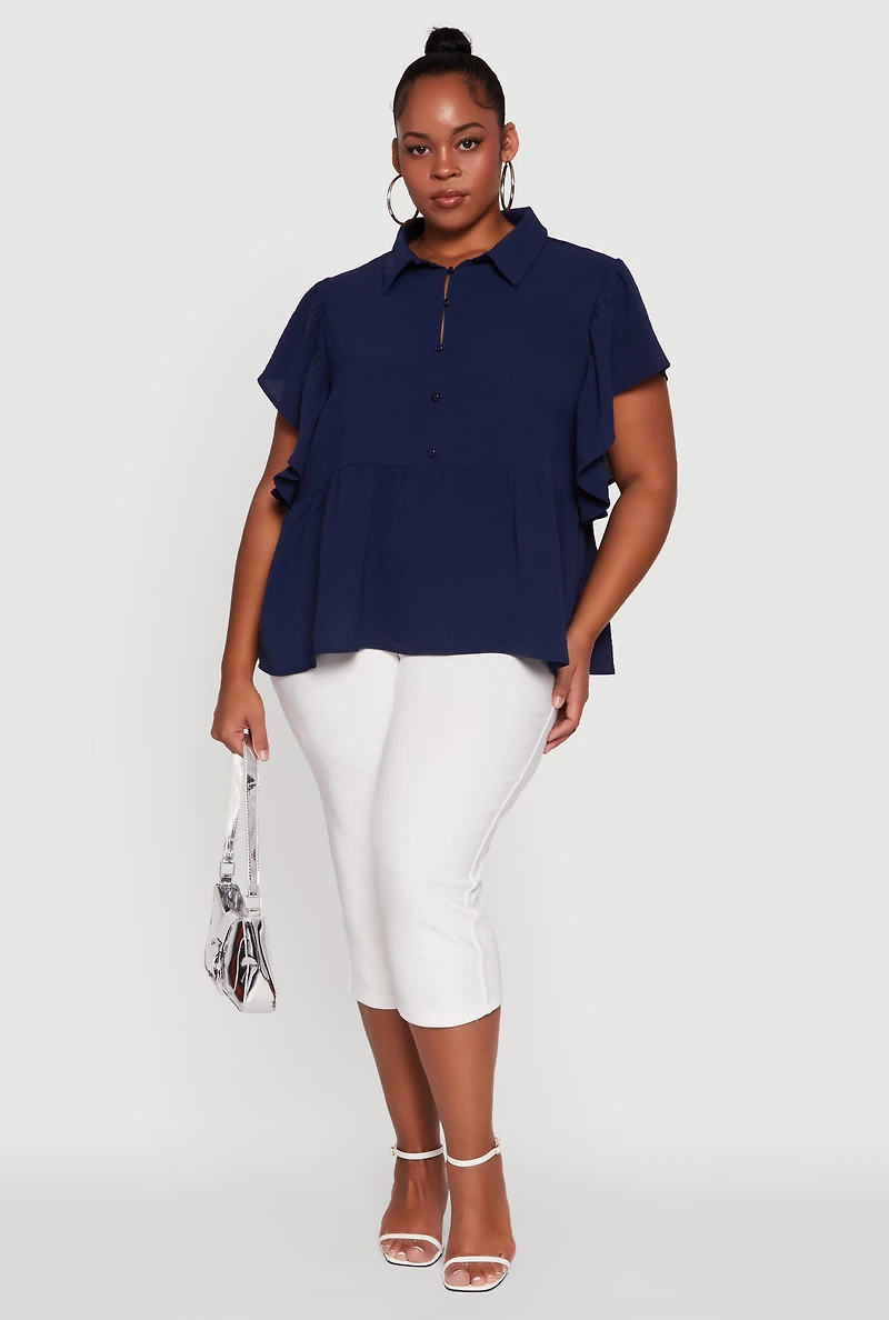 Womens Plus Crepe Knit Button Front Peplum Blouse,