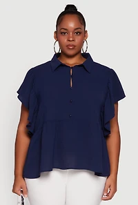 Womens Plus Crepe Knit Button Front Peplum Blouse,