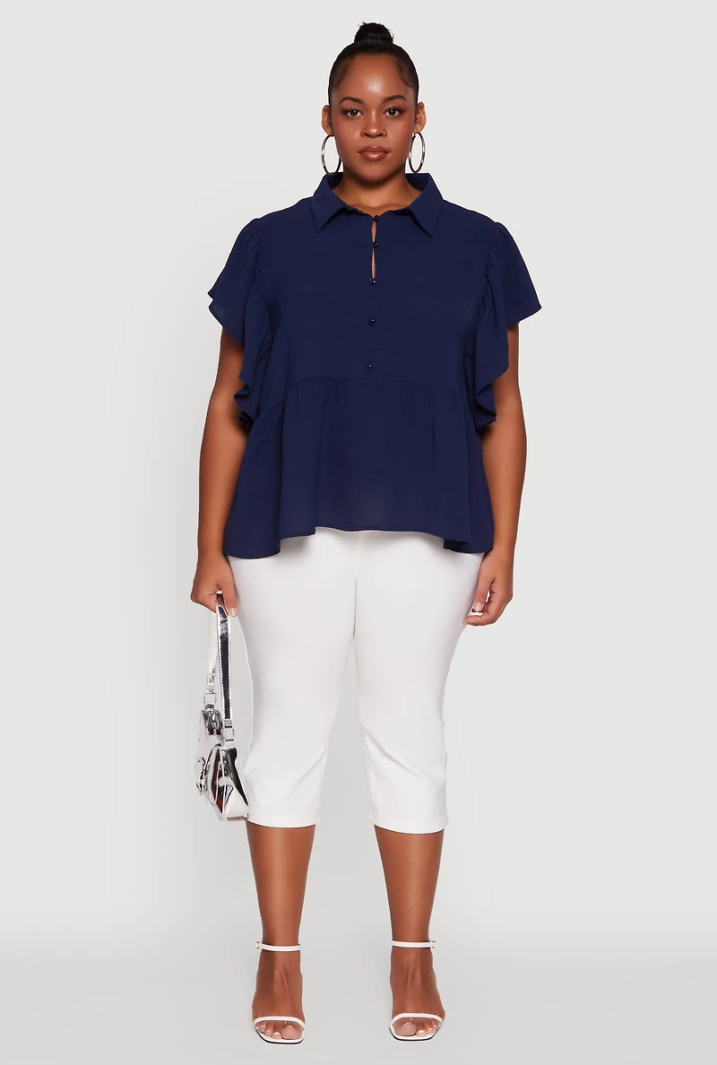 Womens Plus Crepe Knit Button Front Peplum Blouse,