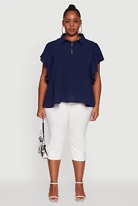Womens Plus Crepe Knit Button Front Peplum Blouse,