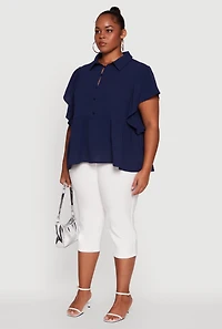 Womens Plus Crepe Knit Button Front Peplum Blouse,