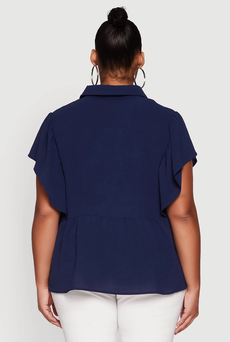 Womens Plus Crepe Knit Button Front Peplum Blouse,