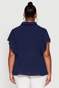 Womens Plus Crepe Knit Button Front Peplum Blouse,