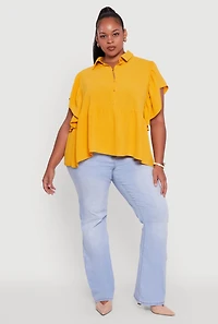 Womens Plus Crepe Knit Button Front Peplum Blouse, Yellow,
