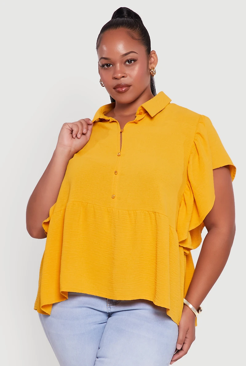 Womens Plus Crepe Knit Button Front Peplum Blouse, Yellow,