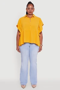 Womens Plus Crepe Knit Button Front Peplum Blouse, Yellow,