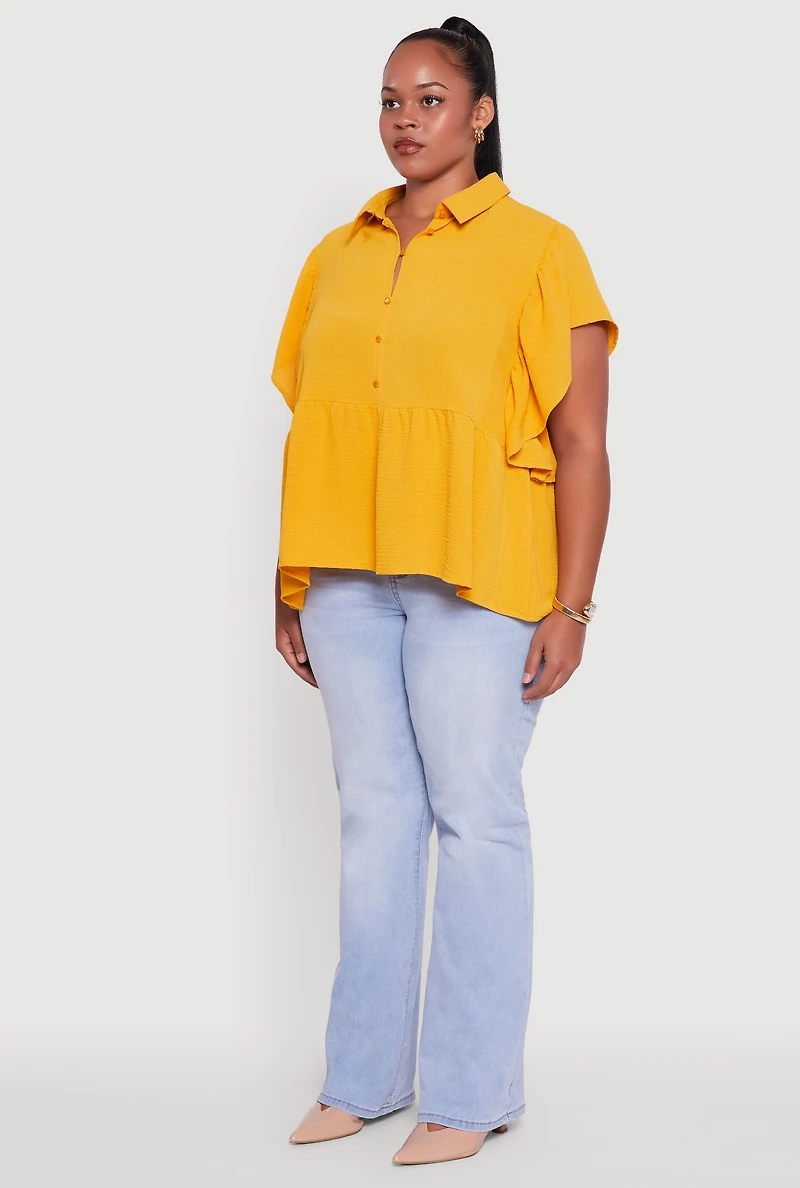 Womens Plus Crepe Knit Button Front Peplum Blouse, Yellow,