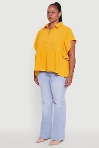 Womens Plus Crepe Knit Button Front Peplum Blouse, Yellow,