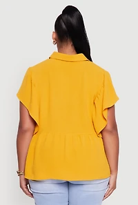 Womens Plus Crepe Knit Button Front Peplum Blouse, Yellow,