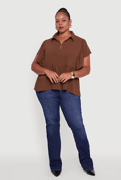 Womens Plus Crepe Knit Button Front Peplum Blouse,