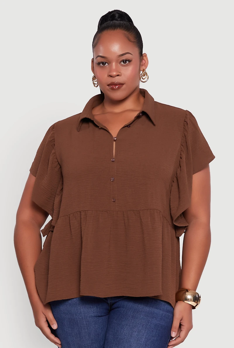 Womens Plus Crepe Knit Button Front Peplum Blouse, 2X