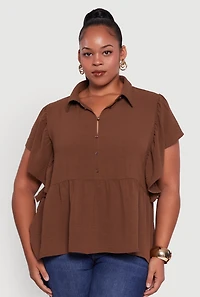 Womens Plus Crepe Knit Button Front Peplum Blouse, 2X