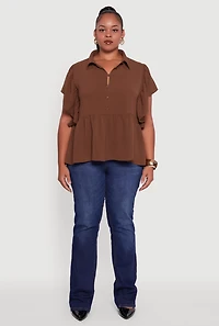Womens Plus Crepe Knit Button Front Peplum Blouse, 2X