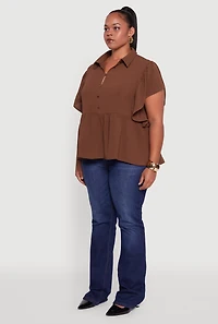 Womens Plus Crepe Knit Button Front Peplum Blouse, 2X